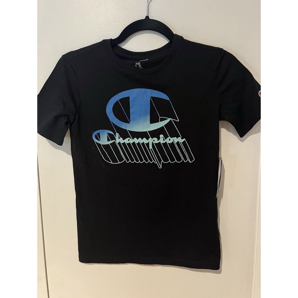Champion Boys Black Short Sleeve Crew Neck Logo T-Shirt Size Small Blue Green